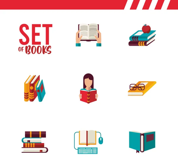 Bundle of eight texts books education supplies icons and lettering — Stock Vector