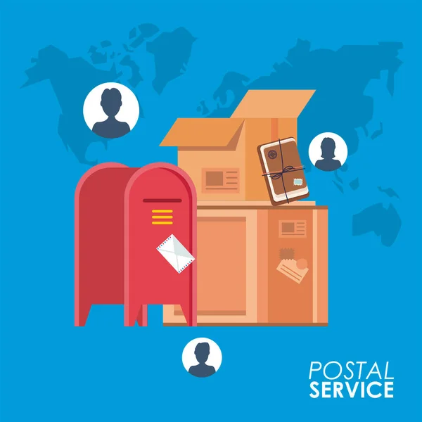 Dobozok és postaláda személyekkel postai szolgáltatások — Stock Vector