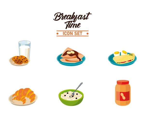 Frühstückszeit Schriftzug Poster mit Bündel von sechs Zutaten — Stockvektor