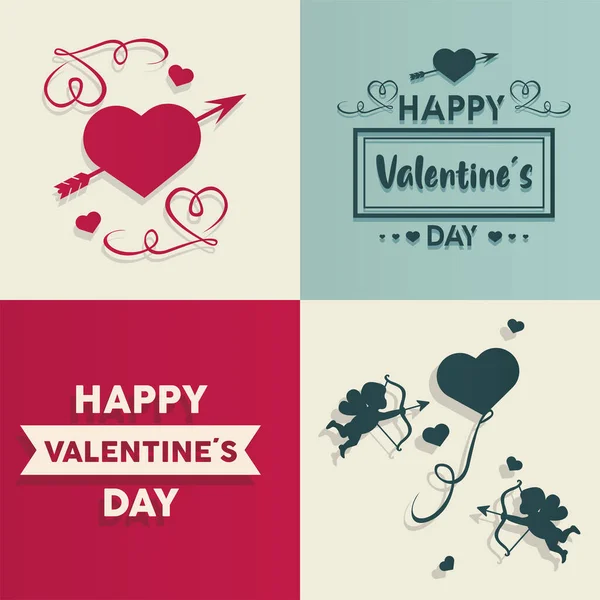 Happy valentines day lettering card with set hearts and angels — Stock Vector