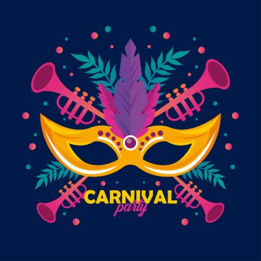 Mardi Gras karnaval partisi kutlaması maske ve trompetlerle