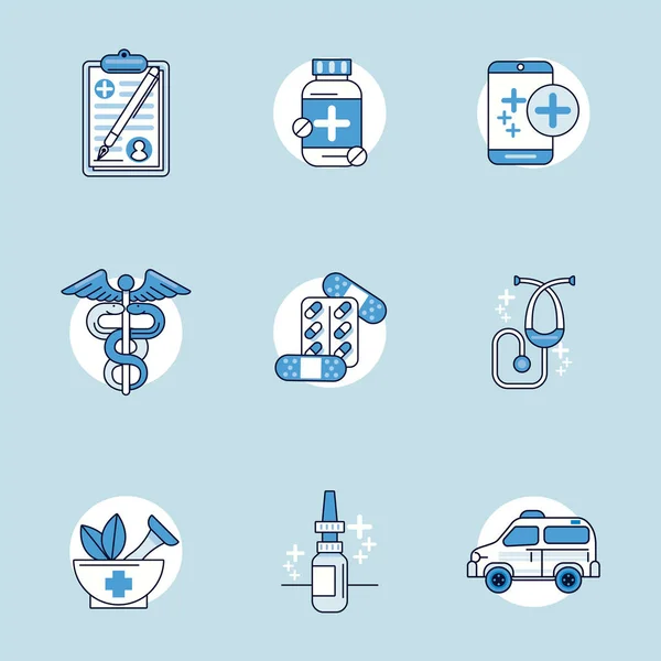 Bundel van negen pictogrammen van de medische gezondheidsset — Stockvector