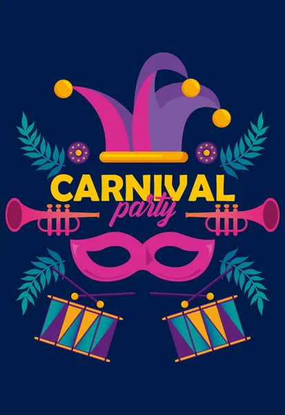 Mardi gras carnival party celebration with instruments and jester hat — Stock Vector