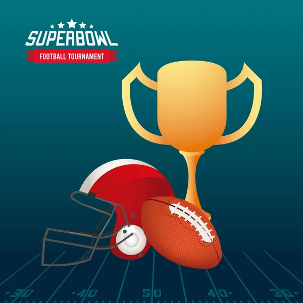 Super Bowl lettering campionato in poster con coppa trofeo e casco — Vettoriale Stock