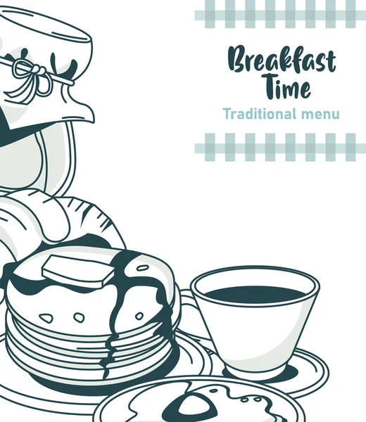 Breakfast time lettering poster with set ingredients — Stock Vector