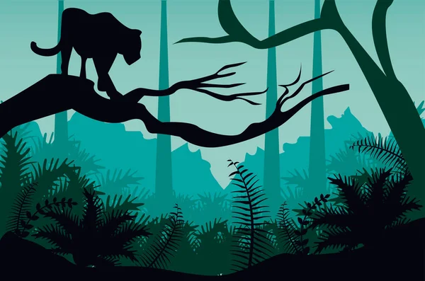 Selva natureza selvagem verde cor paisagem com puma cena —  Vetores de Stock