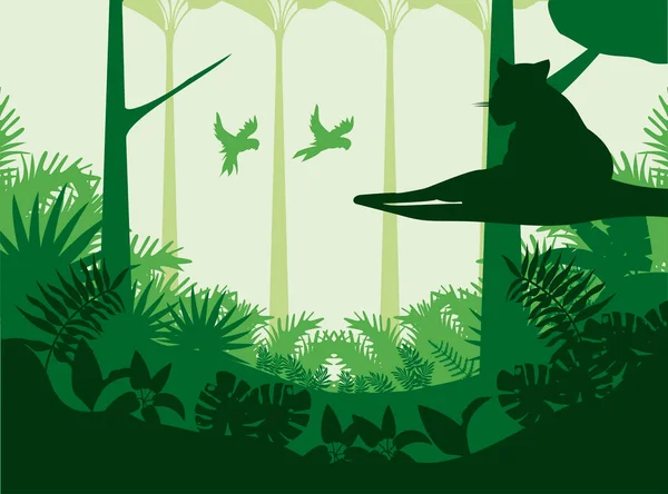 Selva natureza selvagem verde cor paisagem com puma e papagaios cena —  Vetores de Stock