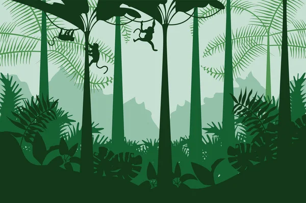 Jungle wild nature green color landscape with monkeys scene — Stock Vector