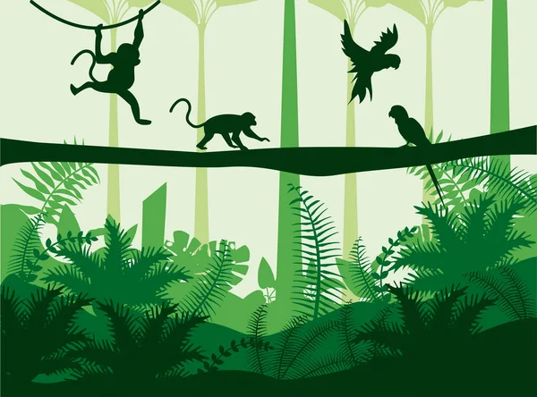 Dżungla dzika natura zielony kolor krajobraz z małp i papug sceny — Wektor stockowy