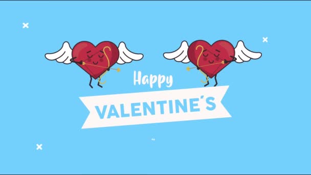 Felice giorno di San Valentino carta lettering con cuori coppia personaggi che volano e nastro — Video Stock