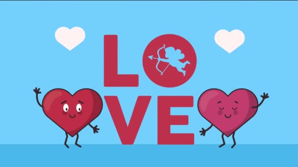 Feliz tarjeta de San Valentín con amor palabra y corazones pareja — Vídeos de Stock