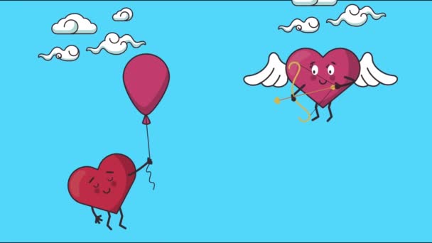 Ευτυχισμένη κάρτα ημέρα του Αγίου Βαλεντίνου με καρδιές ζευγάρι που επιπλέουν με μπαλόνι ήλιο — Αρχείο Βίντεο