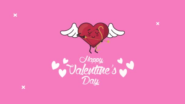 Tarjeta de letras feliz día de San Valentín con el carácter del corazón volando — Vídeos de Stock
