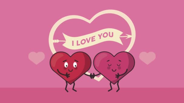 Boldog Valentin napi kártya szívvel pár és szalag keret — Stock videók