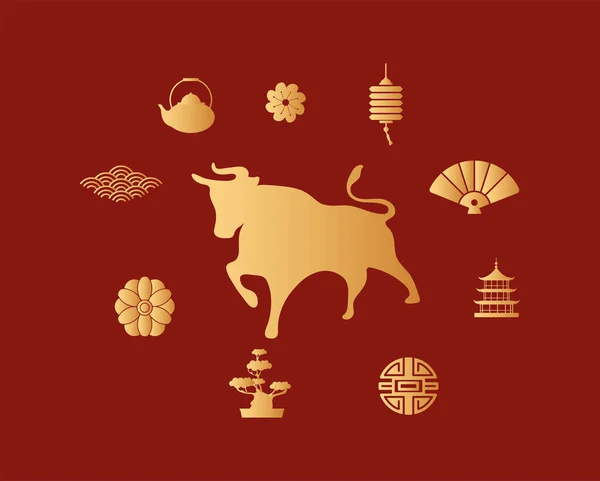 Cartaz de ano novo chinês com boi dourado e ícones de conjunto — Vetor de Stock