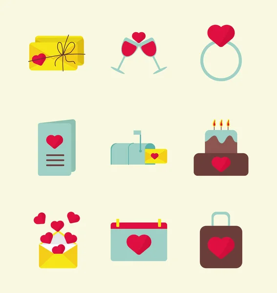 Pacote de nove Dia dos Namorados conjunto ícones — Vetor de Stock