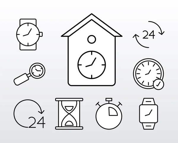 Paquete de nueve relojes de tiempo iconos de estilo de línea — Vector de stock
