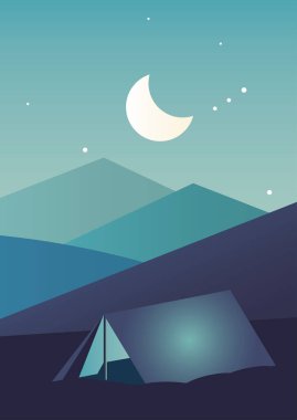 Gece manzarasında kamp çadırı.