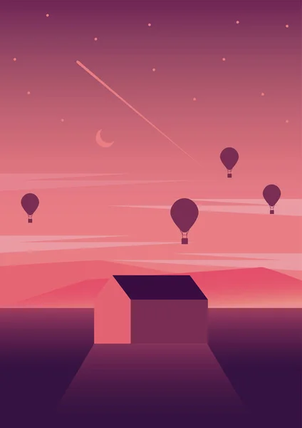 Huis en ballonnen lucht warm reizen landschap scène — Stockvector