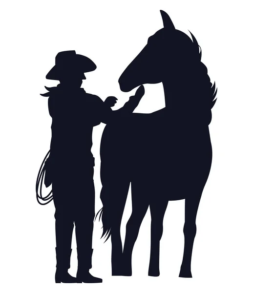Cowboy figure silhouette with horse character — Stock Vector