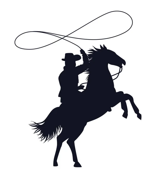 Silhouette de cow-boy dans le caractère de lassoing de cheval — Image vectorielle