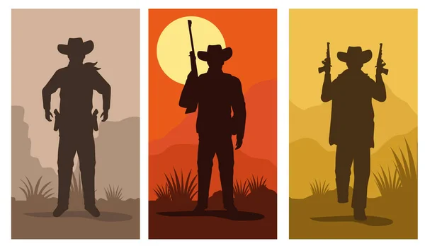 Personnages de cow-boys silhouettes avec des pistolets personnages mis en scènes — Image vectorielle