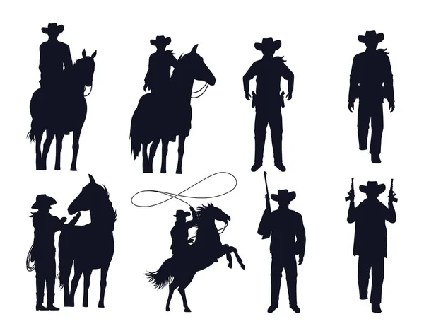 Cowboys figuren silhouetten met geweren en paarden — Stockvector
