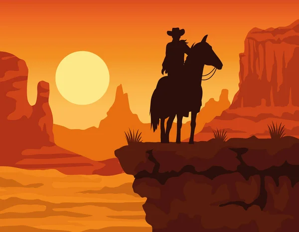 Cowboy figure silhouette in horse sunset lansdscape scene — Stock Vector