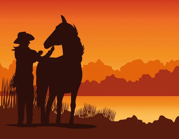 Cowboy figura silhueta com cavalo no pôr do sol lansdscape cena — Vetor de Stock