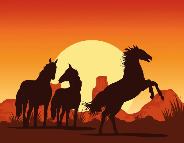 Pferde schwarze Tiersilhouetten in der Wüstenlandschaft — Stockvektor