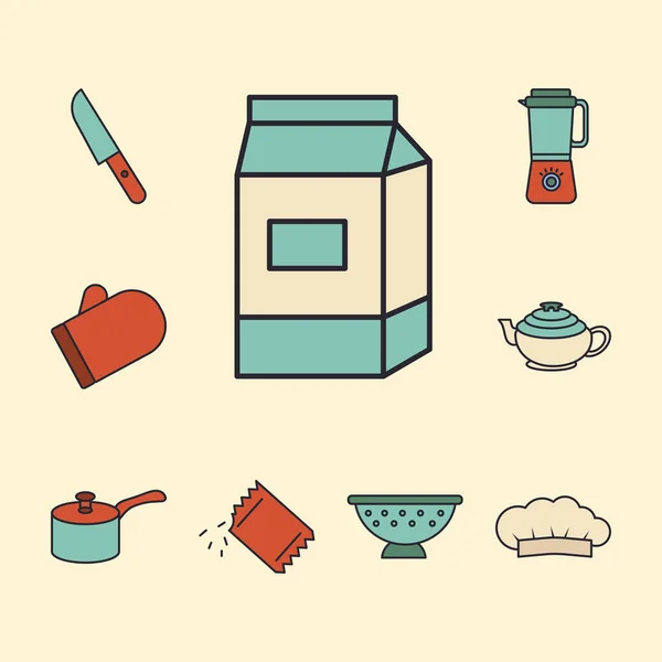 Paquete de nueve utensilios de cocina conjunto de línea y colores de estilo — Vector de stock