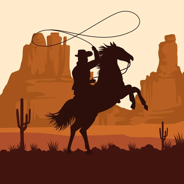 Figura vaquera silueta en lazo de caballo en la escena del paisaje puesta de sol — Archivo Imágenes Vectoriales