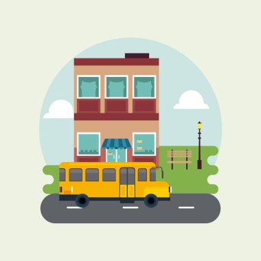 Şehir yaşamı megalopolis şehir manzarası bina ve okul otobüsüyle