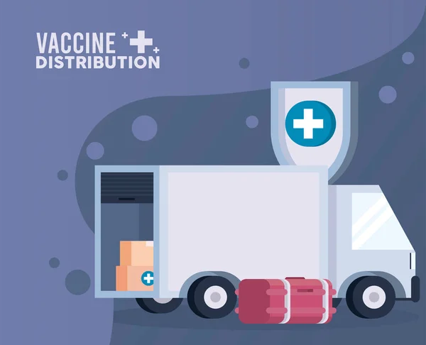 Motyw logistyki dystrybucji szczepionek z zamrażarki i ciężarówki — Wektor stockowy
