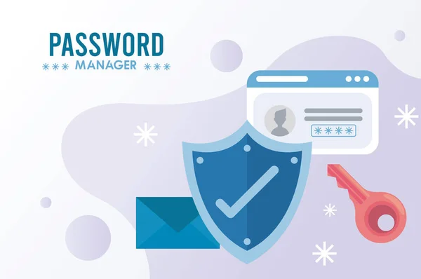 Tema administrador de contraseñas con símbolo de verificación en escudo e iconos — Vector de stock