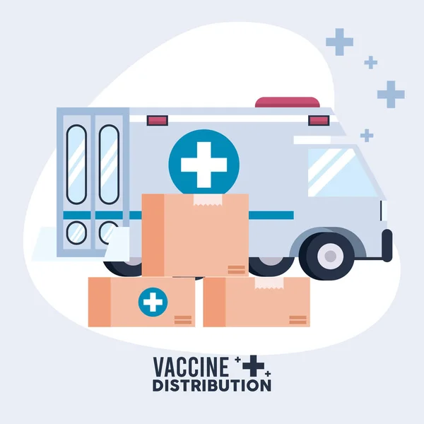 Logistiek thema vaccindistributie met dozen en ambulance — Stockvector