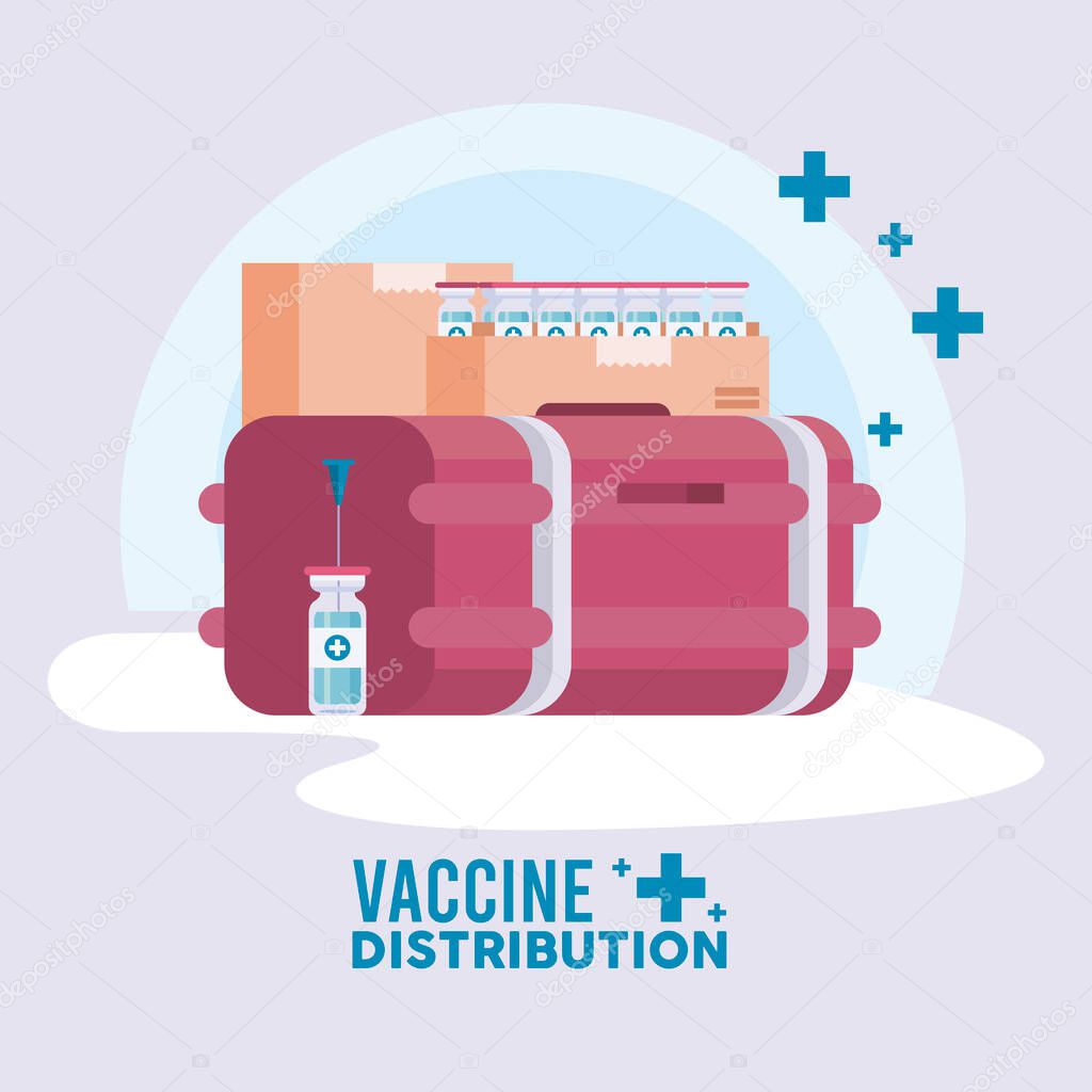 vaccine distribution logistics theme with vials in boxes and deep freezer