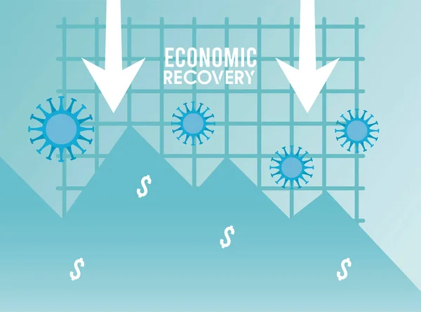 Recuperación económica para el póster covid19 con flechas hacia abajo y partículas de virus — Vector de stock