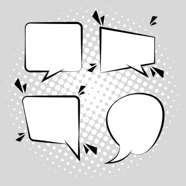 Gri arkaplanda dört retro konuşma balonu pop sanat tarzını çizdi