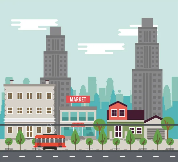 Stadslivet megalopolis stadsbild scen med byggnader och vagn bil — Stock vektor