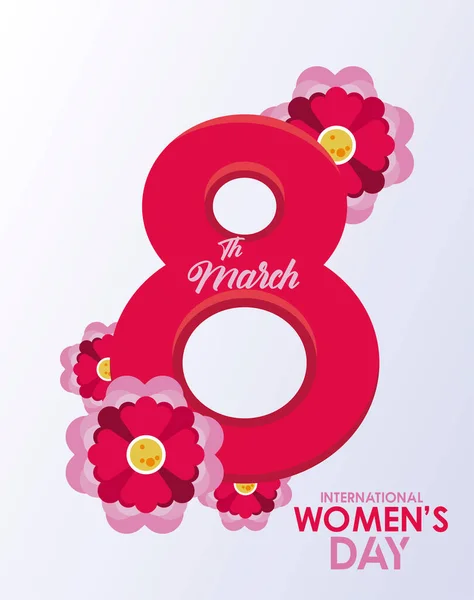 Giornata internazionale delle donne poster celebrazione con numero otto e fiori giardino — Vettoriale Stock