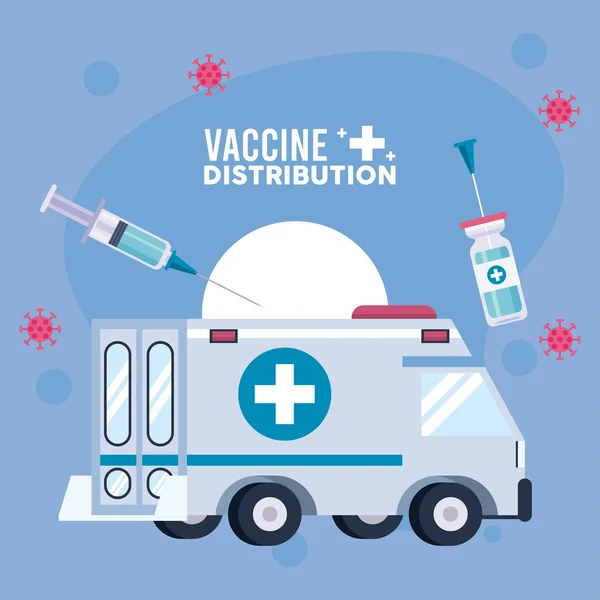 Logistiek thema vaccindistributie met injectieflacon en spuit in ambulance — Stockvector