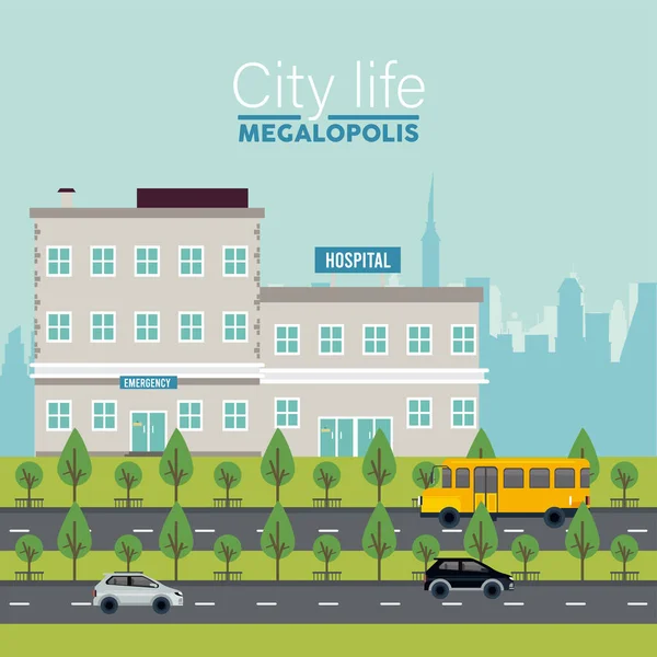 Міське життя мегаполіс написання в міському пейзажі сцени з госпітальними будівлями та транспортними засобами — стоковий вектор