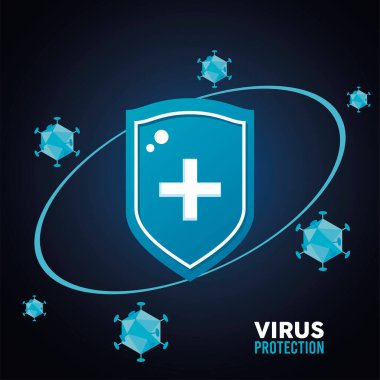 Kalkan ve parçacıkların mavi renkte olduğu virüs koruma posteri