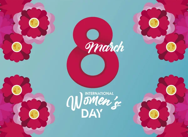 Giornata internazionale delle donne manifesto di celebrazione con il numero otto e fiori — Vettoriale Stock