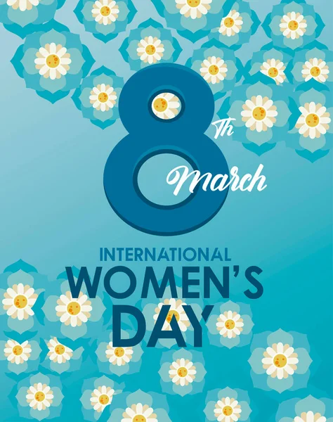 Cartel de celebración del día internacional de la mujer con flores azules y letras — Archivo Imágenes Vectoriales