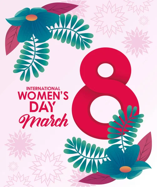 Cartel de celebración del día internacional de la mujer con flores y número ocho — Vector de stock