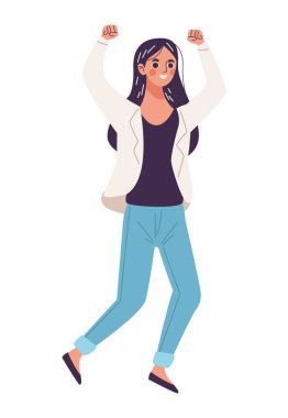 Güzel genç bayan mutlu bir şekilde kutluyor elleri havada.