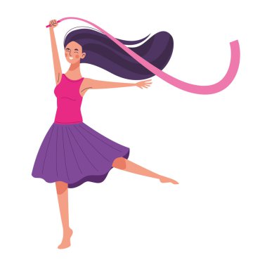 Güzel, genç bir kadın kurdele karakteriyle dans etmekten mutlu.