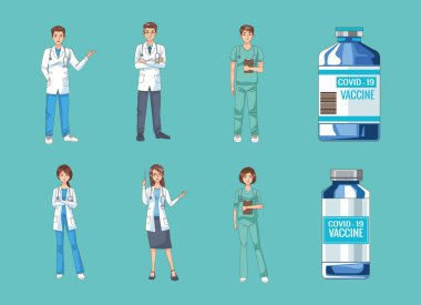 Covid19 aşı şişesi olan bir grup doktor.